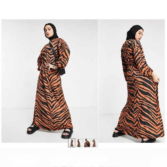 ASOS DESIGN maxi long-sleeved dress in slinky rust zebra print | size 10 - Picture 3 of 7